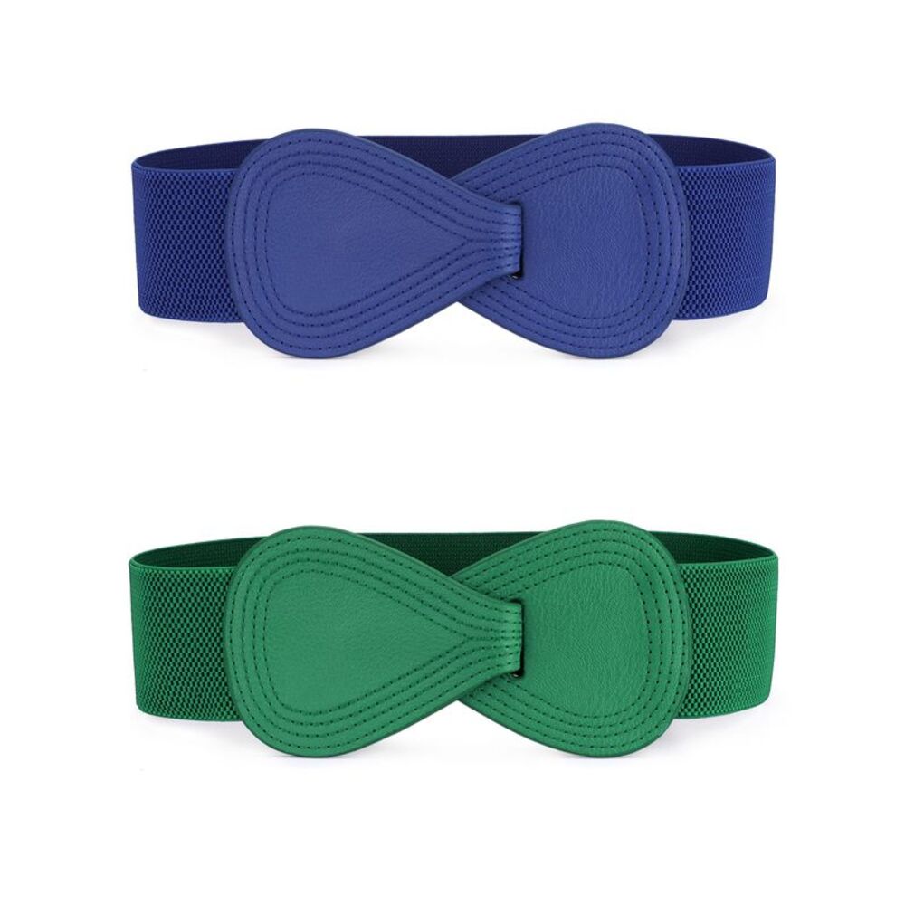 2pcs Plus Size Elastic Waist Belt Interlock 8-shaped Faux Leather Buckle Belts